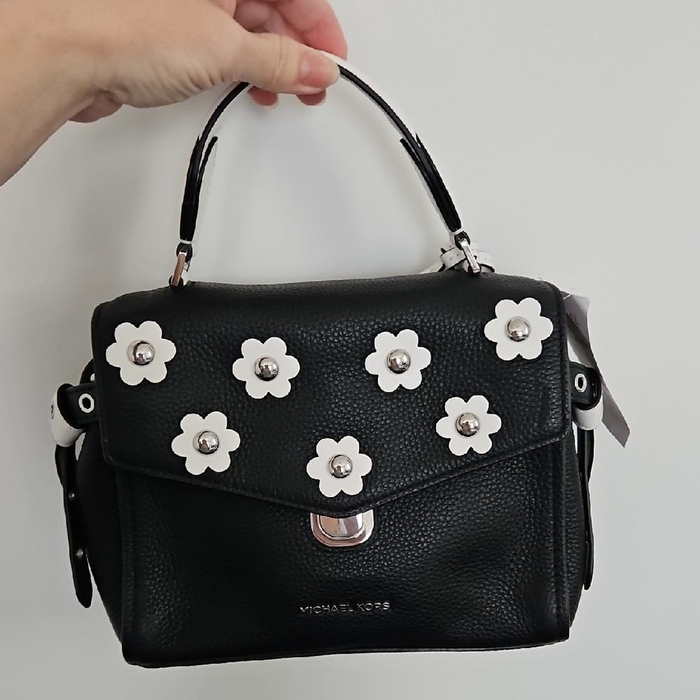 Michael Kors Black Satchel Crossbody Handbag with White Floral Accents